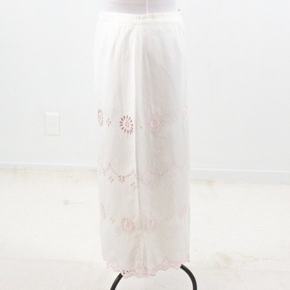 Vintage Boho Eyelet Skirt 12 Linen Pencil Midi White - Picture 6 of 9